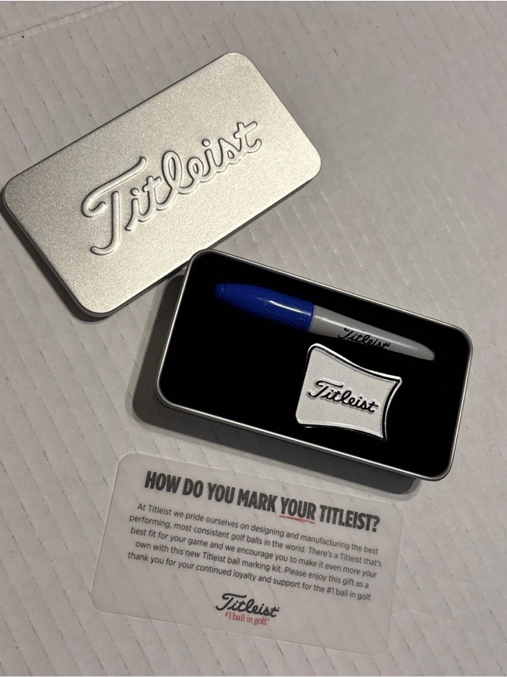 Titleist Golf Ball Marking Kit: Tin Gift Box, Logo Metal Marker, Mini Sharpie